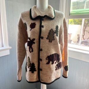 Marisa Christina Beige Brown Reindeer Bear and Tree Sweater 100% Wool Size Large